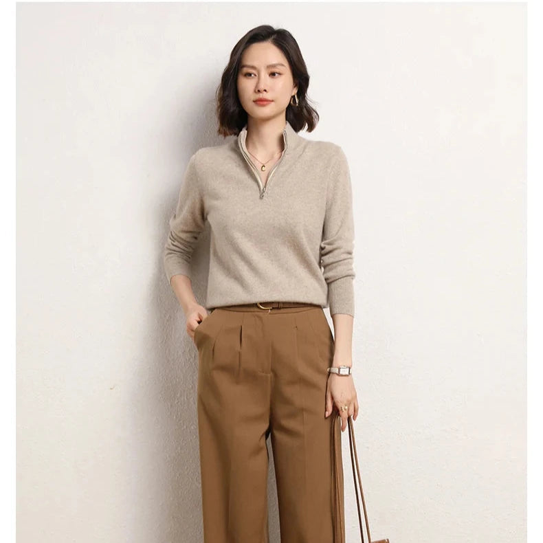 Damtröja i kashmir med kort dragkedja