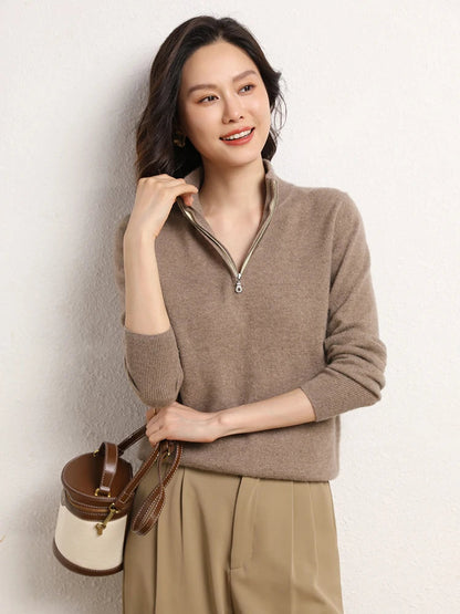 Damtröja i kashmir med kort dragkedja