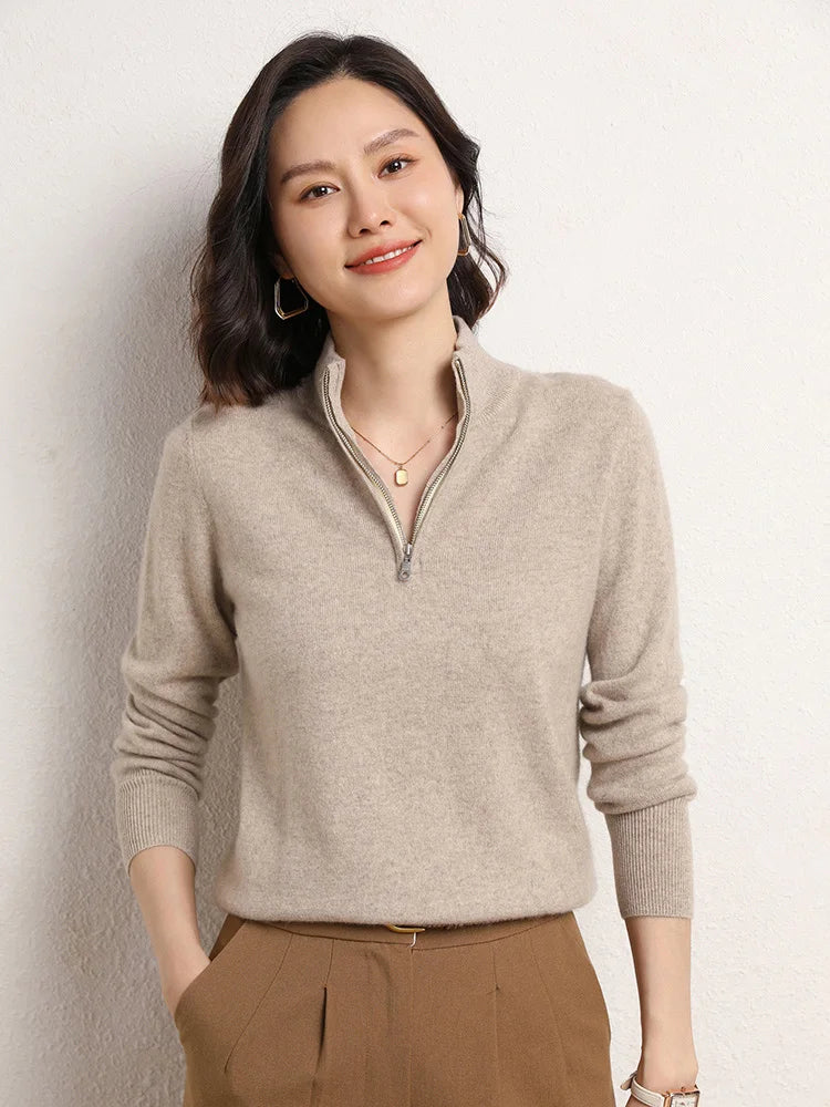 Damtröja i kashmir med kort dragkedja