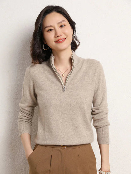 Damtröja i kashmir med kort dragkedja