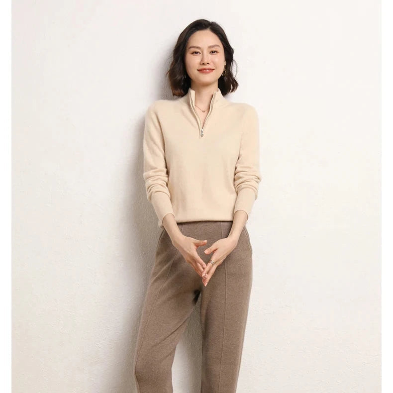 Damtröja i kashmir med kort dragkedja